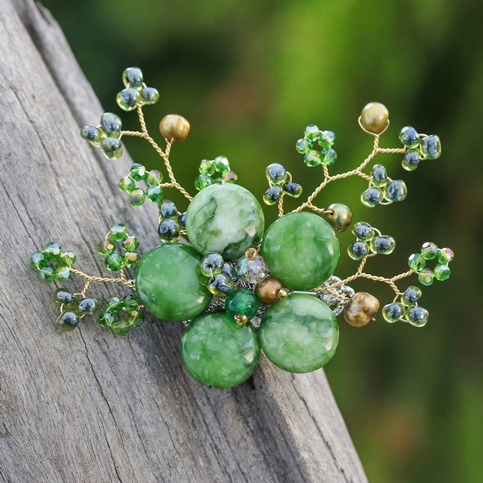 Flower-Shaped Green Cultured Pearl and Quartz Brooch Pin 'Petals of Harmony'