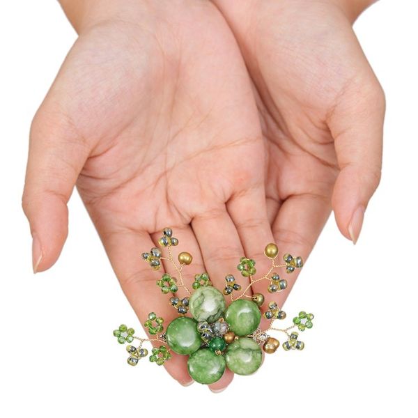Alternate image for Flower-Shaped Green Cultured Pearl and Quartz Brooch Pin Petals of Harmony
