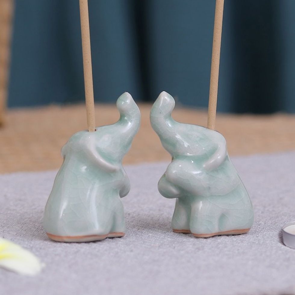 Pair of Elephant-Shaped Celadon Ceramic Incense Holders 'Elephant Enchantment'