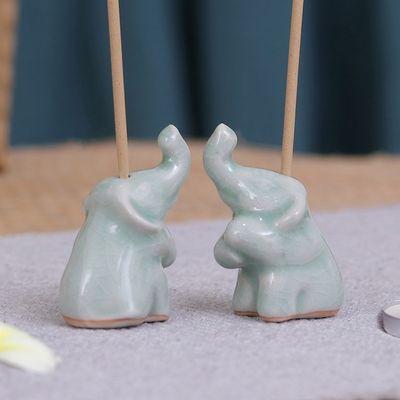 Main image for Pair of Elephant-Shaped Celadon Ceramic Incense Holders Elephant Enchantment