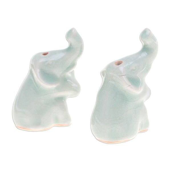 Alternate image for Pair of Elephant-Shaped Celadon Ceramic Incense Holders Elephant Enchantment