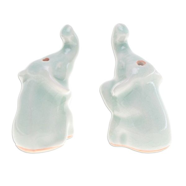 Alternate image for Pair of Elephant-Shaped Celadon Ceramic Incense Holders Elephant Enchantment