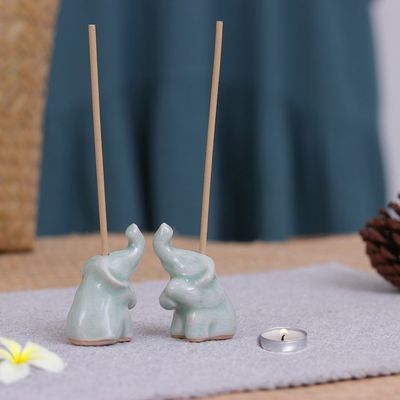 Alternate image for Pair of Elephant-Shaped Celadon Ceramic Incense Holders Elephant Enchantment