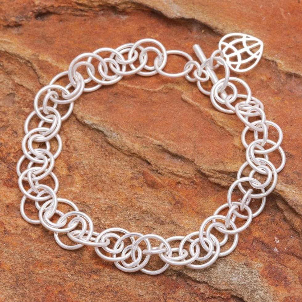 Modern Sterling Silver Link Bracelet with Heart Charm 'Global Heart'