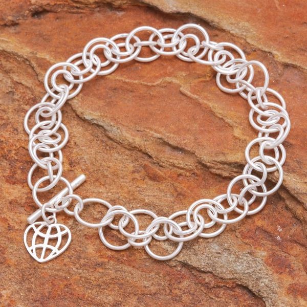 Alternate image for Modern Sterling Silver Link Bracelet with Heart Charm Global Heart