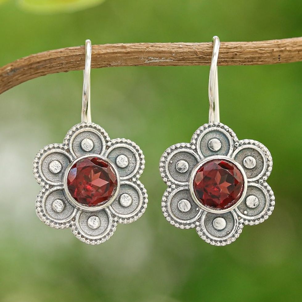 Polished Flower-Shaped Natural Garnet Drop Earrings 'Passion Bloom'