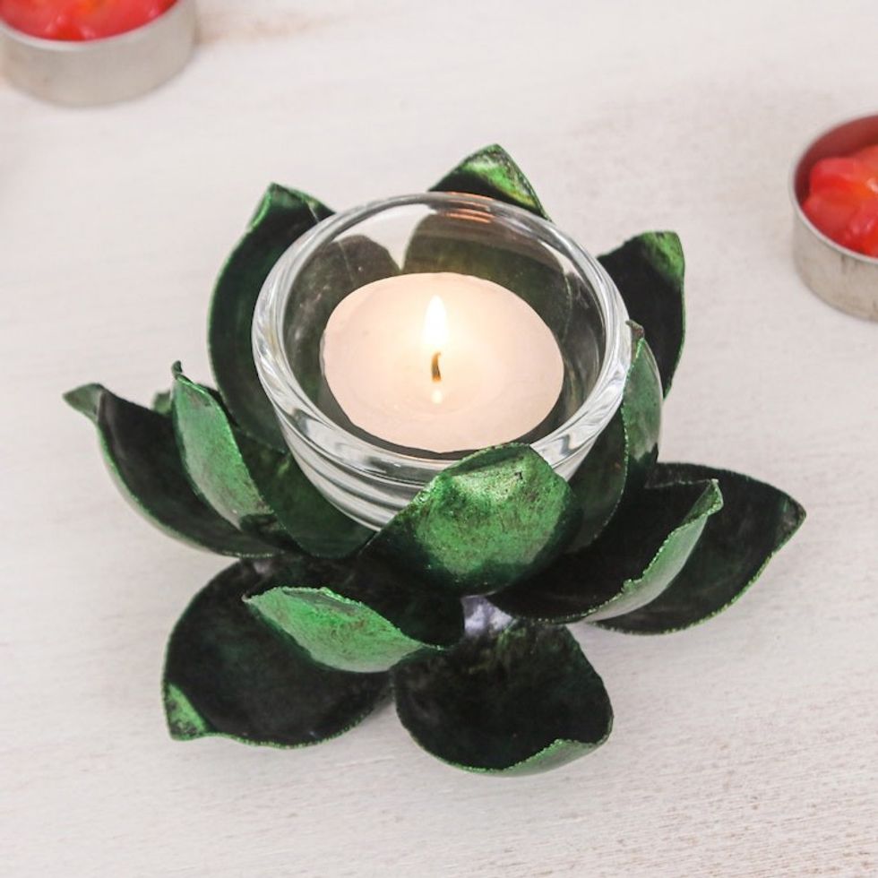 Handcrafted Steel Lotus Flower Tealight Holder in Green 'Precious Lotus in Green'
