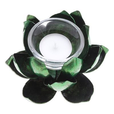 Alternate image for Handcrafted Steel Lotus Flower Tealight Holder in Green Precious Lotus in Green