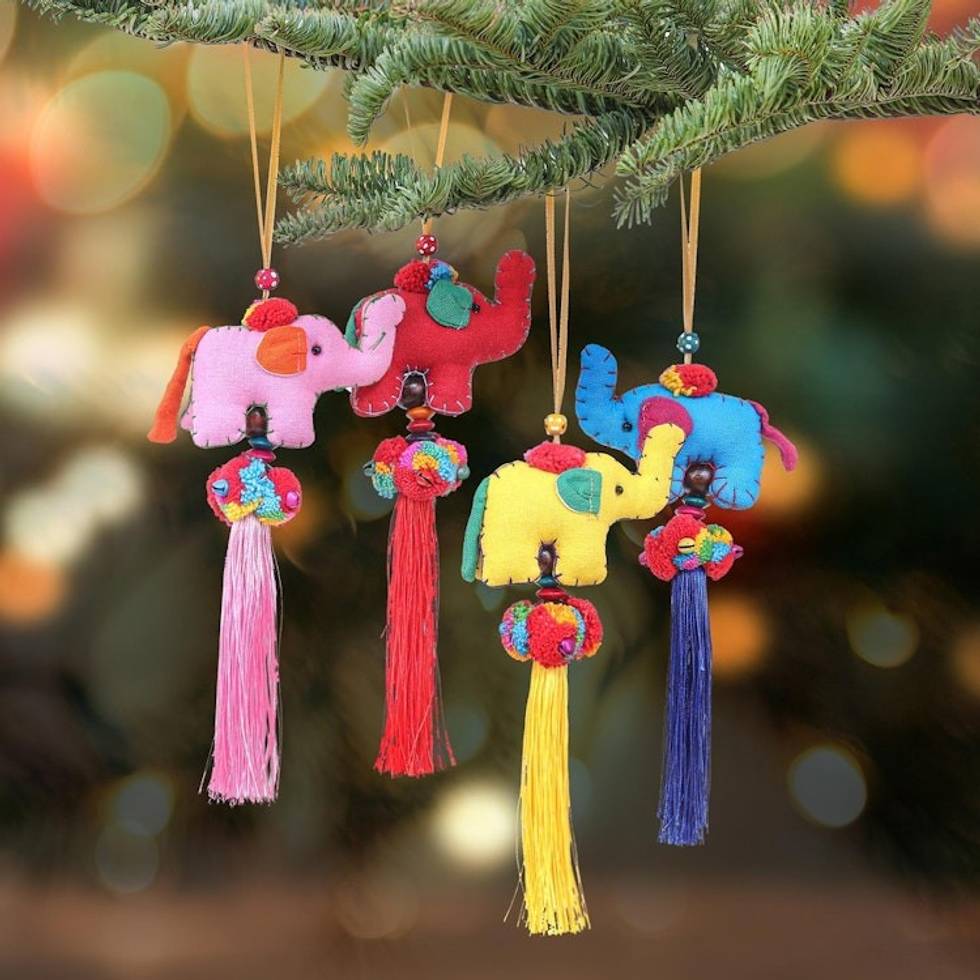 Handcrafted Cotton Blend Elephant Ornaments Set of 4 'Thai Parade'