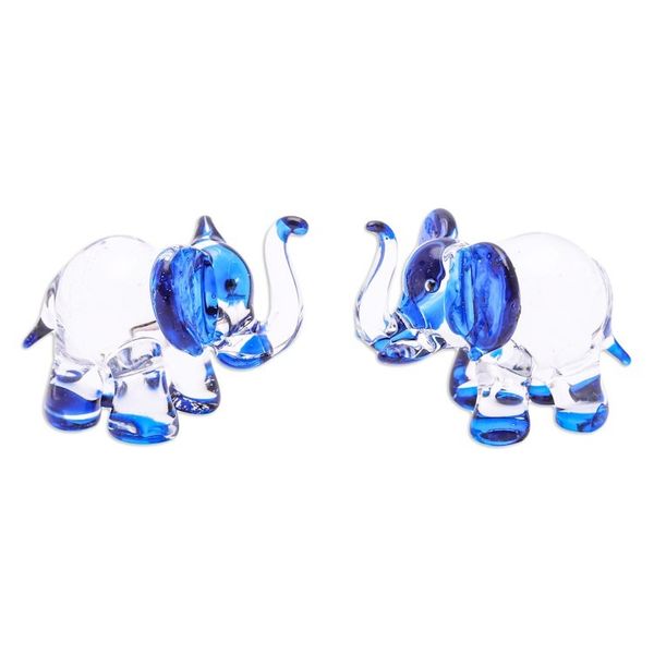 Alternate image for Set of 2 Elephant-Themed Handblown Glass Figurines in Blue Intuition Trunks