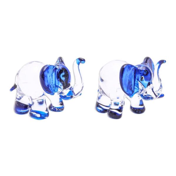 Alternate image for Set of 2 Elephant-Themed Handblown Glass Figurines in Blue Intuition Trunks