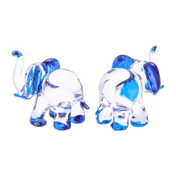 Alternate image for Set of 2 Elephant-Themed Handblown Glass Figurines in Blue Intuition Trunks