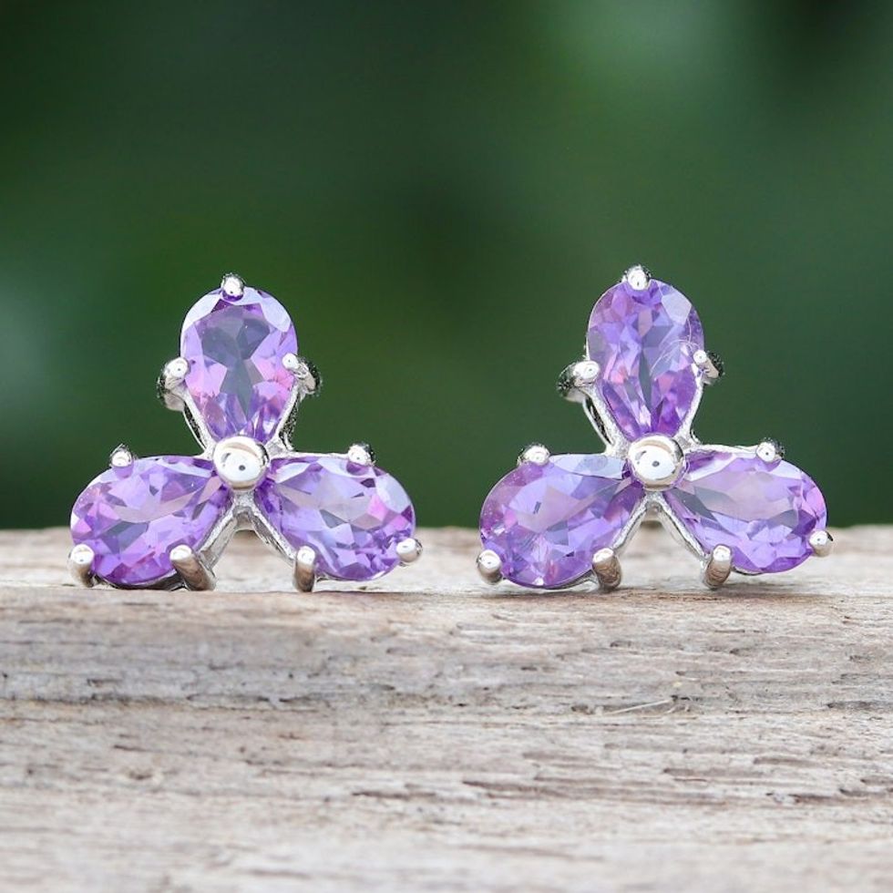 Clover-Themed Button Earrings with Two-Carat Amethyst Gems 'Wisdom Clover'