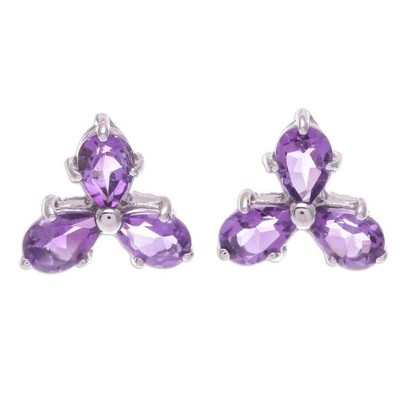 Alternate image for Clover-Themed Button Earrings with Two-Carat Amethyst Gems Wisdom Clover