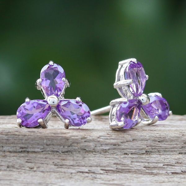 Alternate image for Clover-Themed Button Earrings with Two-Carat Amethyst Gems Wisdom Clover