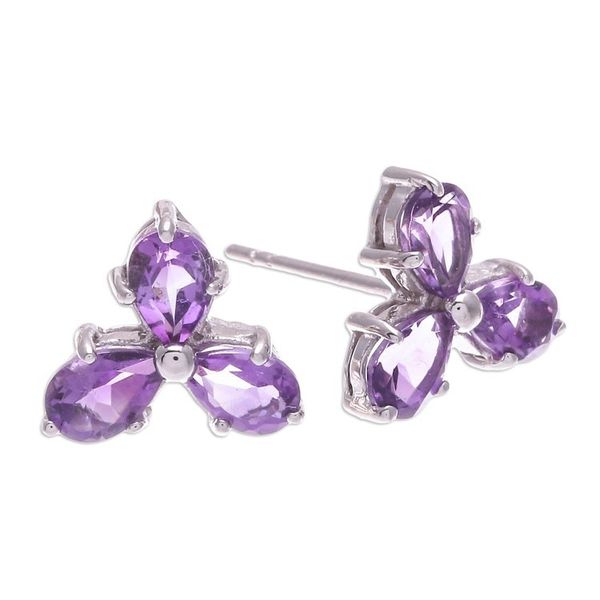 Alternate image for Clover-Themed Button Earrings with Two-Carat Amethyst Gems Wisdom Clover