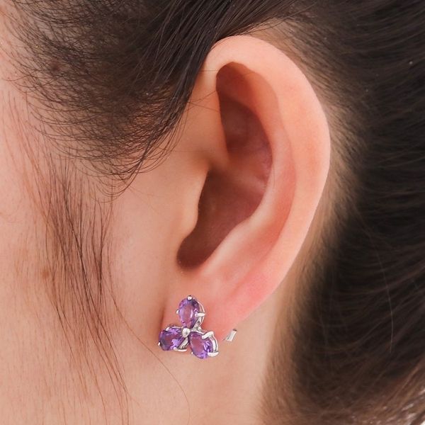 Alternate image for Clover-Themed Button Earrings with Two-Carat Amethyst Gems Wisdom Clover