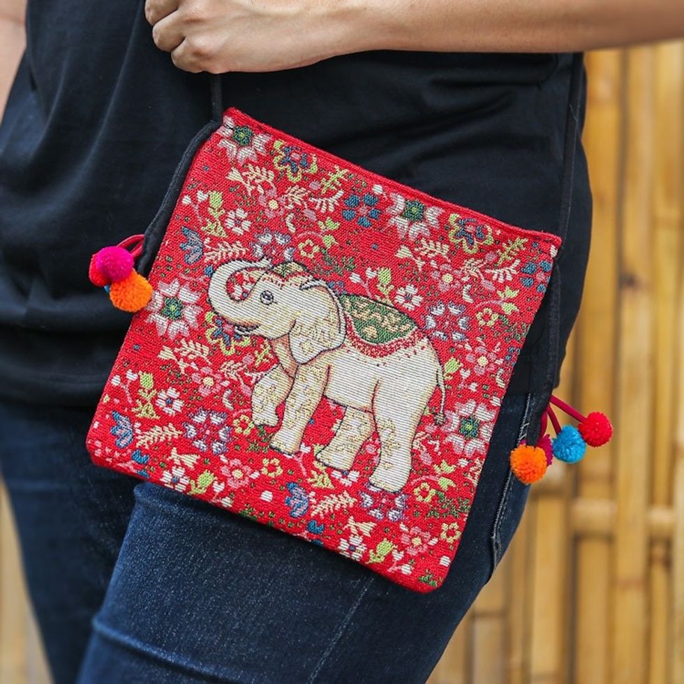 Traditional Elephant-Themed Floral Red Sling with Pompoms 'Elephant's Joy'