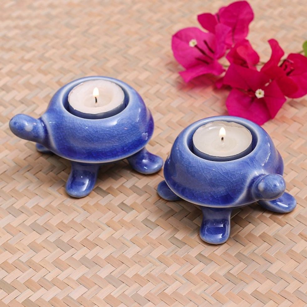 Handmade Turtle Ceramic Candleholders in a Blue Hue Pair 'Blue Guide'