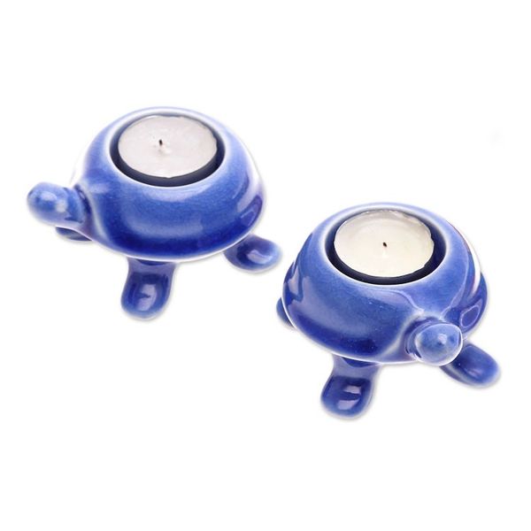 Alternate image for Handmade Turtle Ceramic Candleholders in a Blue Hue Pair Blue Guide