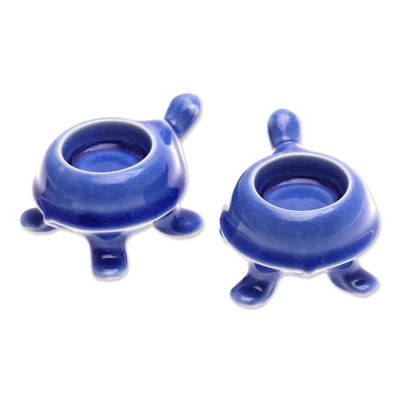 Alternate image for Handmade Turtle Ceramic Candleholders in a Blue Hue Pair Blue Guide