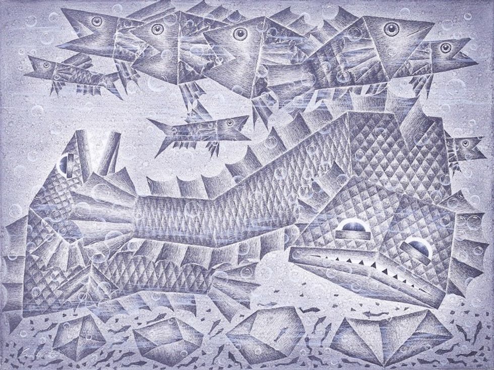 Monochrome Fish Painting in Acrylics on Canvas 'The Parent'
