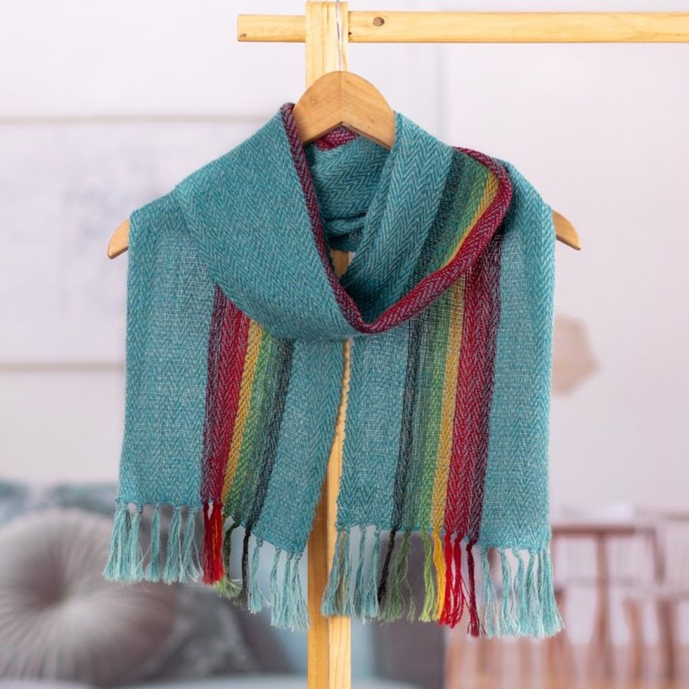 Handwoven Striped Turquoise 100 Alpaca Scarf with Fringes 'Proud Rivers'