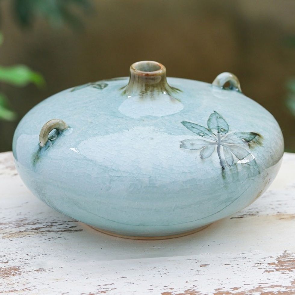 Ceramic Vase with Blue Leafy Pattern Handcrafted in Thailand 'Be Nature in Blue'