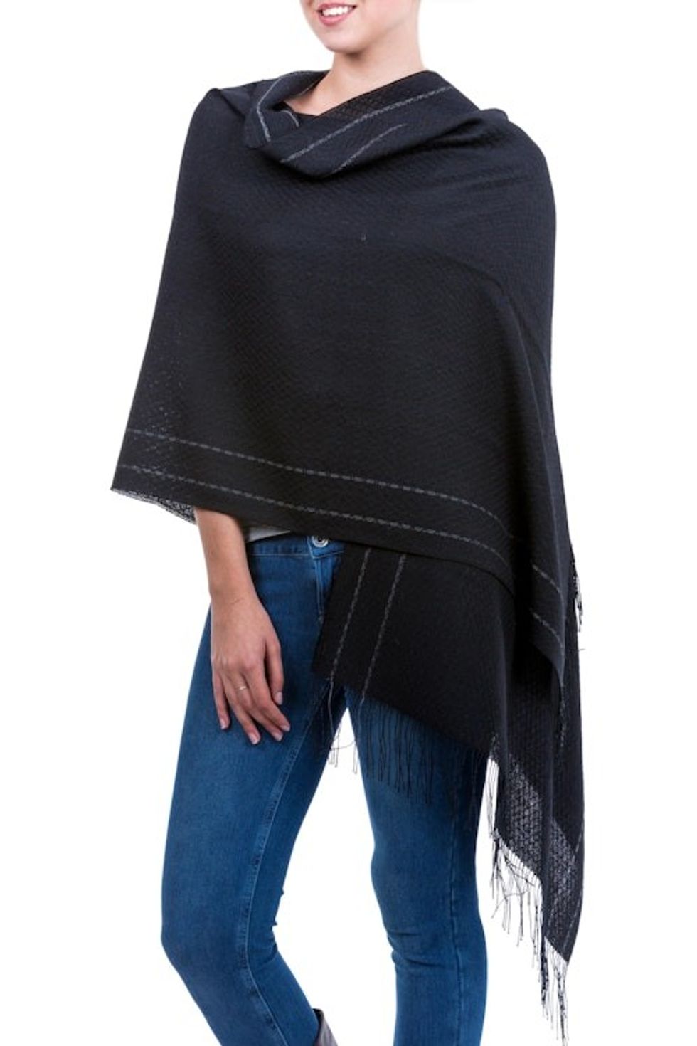 Handwoven Alpaca Blend Shawl in Black from Peru 'Sensual Mystery'