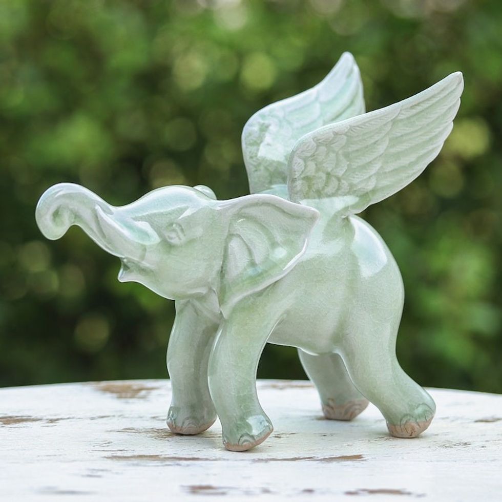 Handmade Crackled Celadon Ceramic Winged Elephant Figurine 'Winged Jade'