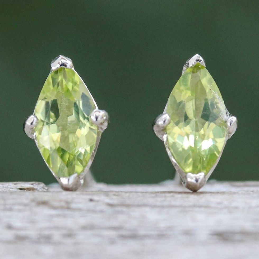 Polished Button Earrings with Marquise-Shaped Peridot Gems 'The Fortunate Marchioness'