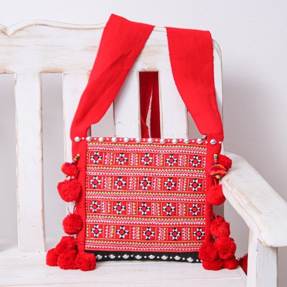 Traditional Floral Patterned Red Beaded Cotton Sling 'Red Customs'