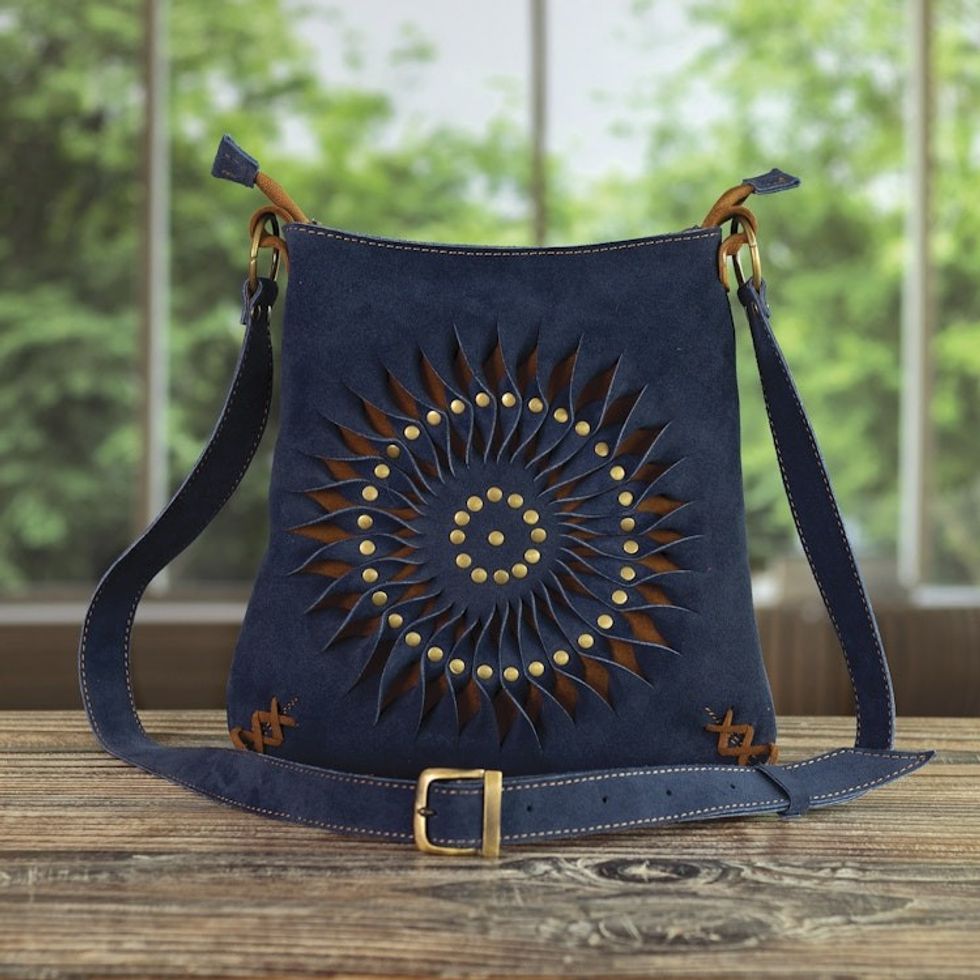 Suede Shoulder Bag in Blue with Adjustable Strap from Peru 'Ripple Effect'