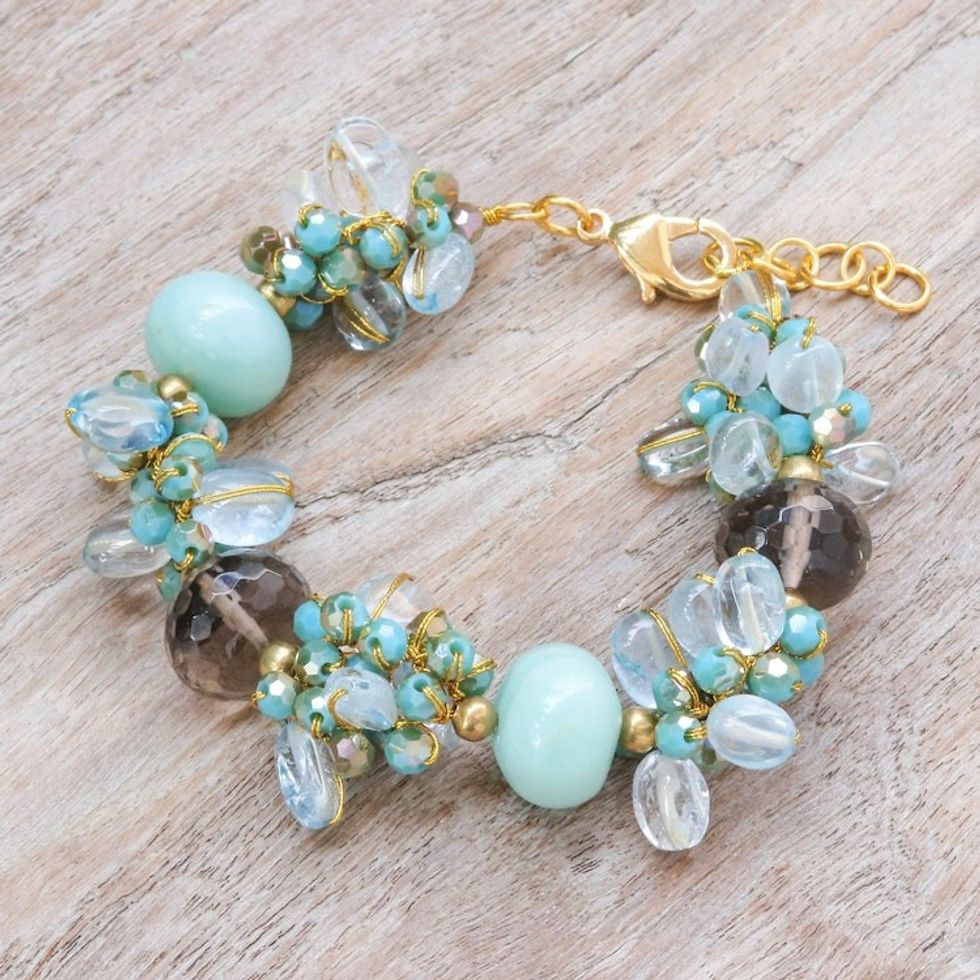 18k Gold-Accented Blue Agate and Quartz Beaded Bracelet 'Blue Spell'