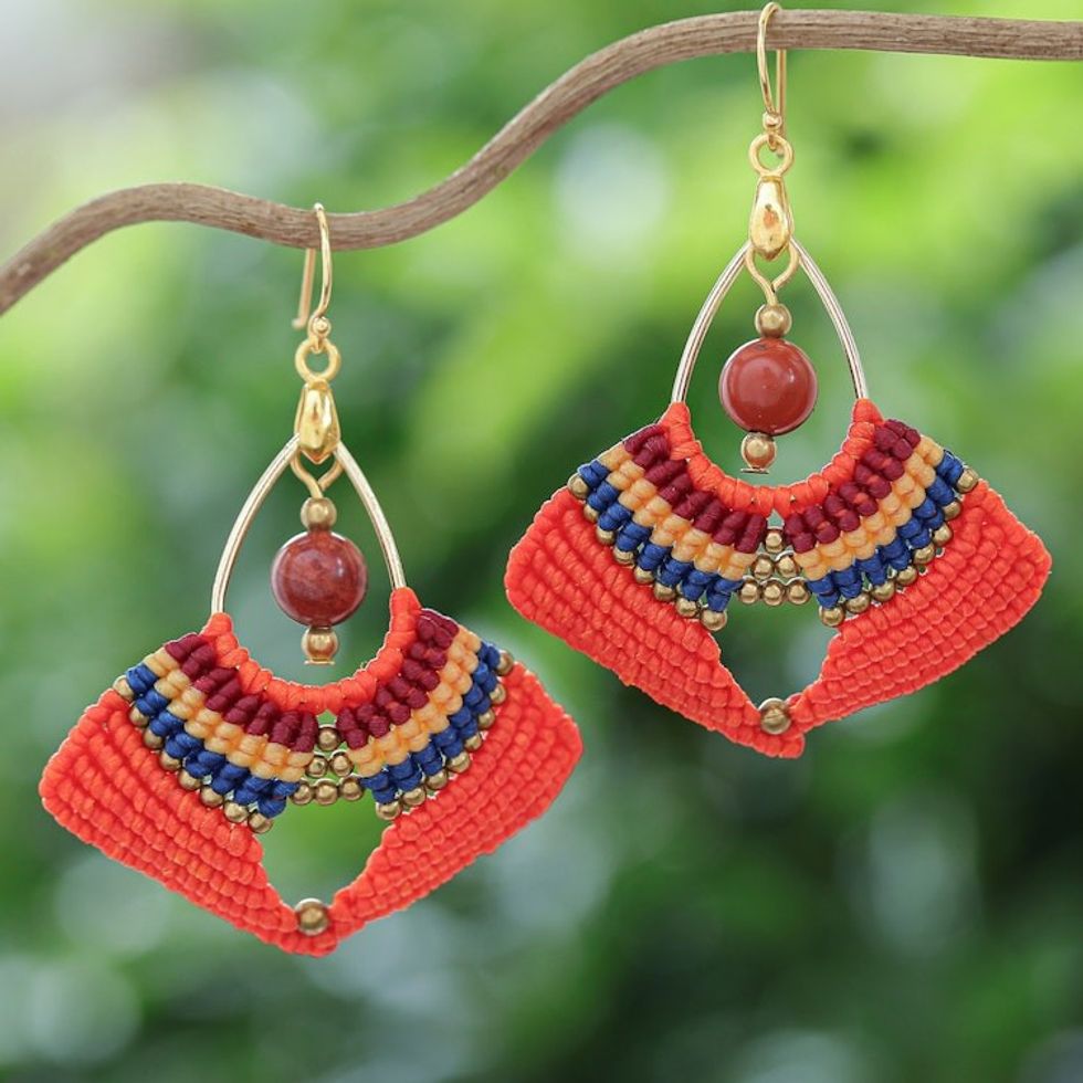 Handcrafted Jasper Macrame Dangle Earrings with Brass Beads 'Orange Flight'