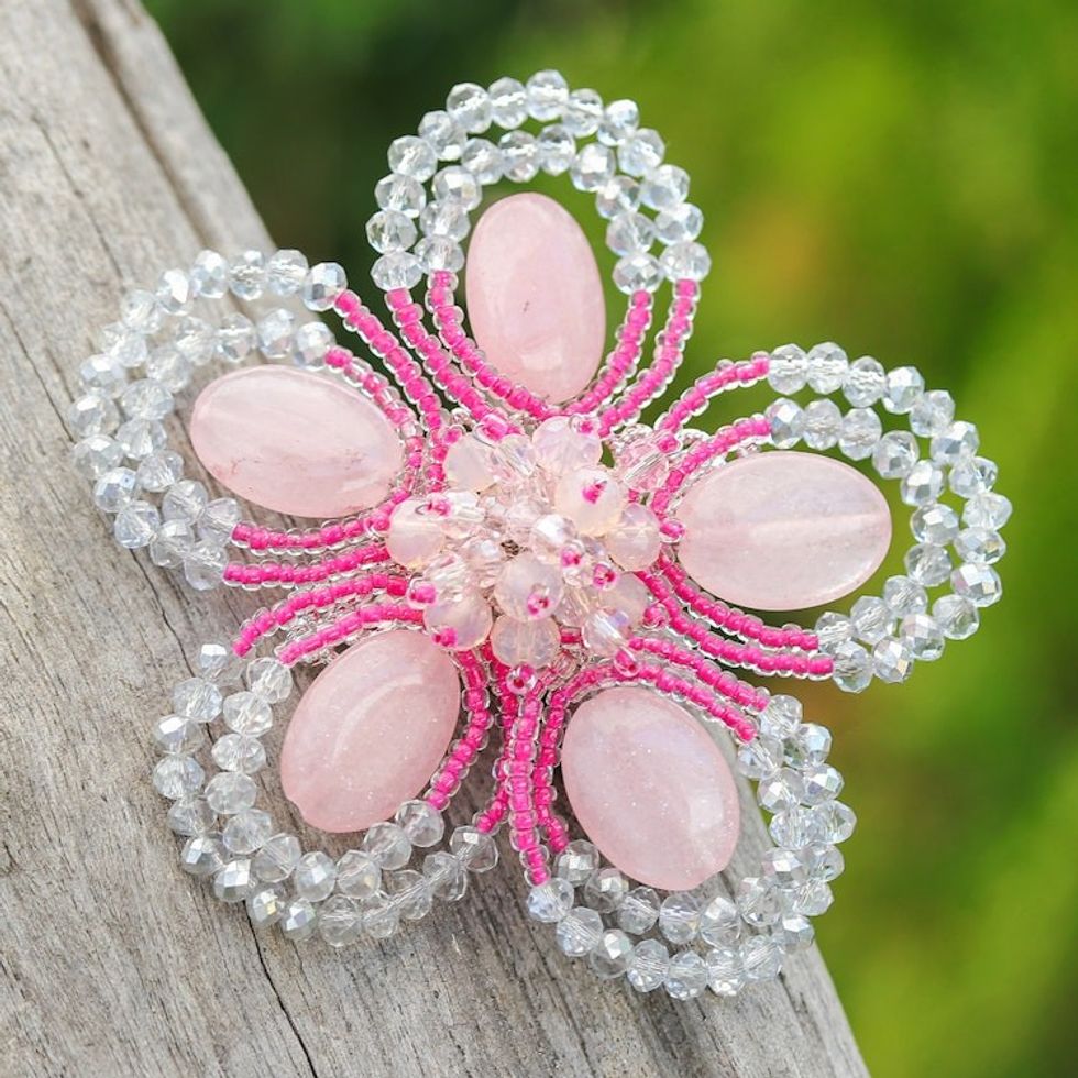 Handcrafted Floral Pink Quartz and Glass Beaded Brooch Pin 'Spring in Tenderness'