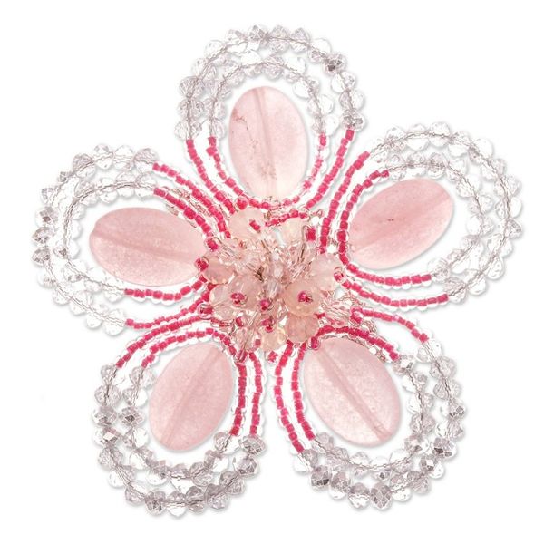 Alternate image for Handcrafted Floral Pink Quartz and Glass Beaded Brooch Pin Spring in Tenderness