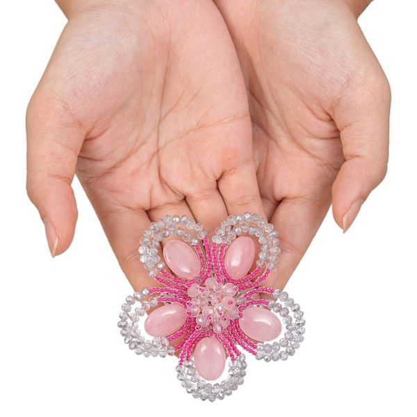 Alternate image for Handcrafted Floral Pink Quartz and Glass Beaded Brooch Pin Spring in Tenderness