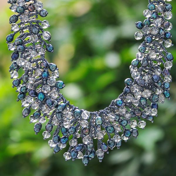 Alternate image for Clear Glass Beaded Waterfall Necklace with Black Pearls Rain of Mystery