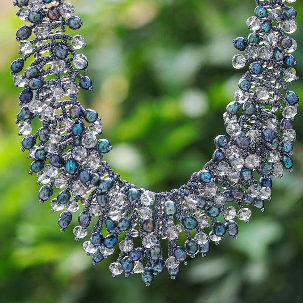 Clear Glass Beaded Waterfall Necklace with Black Pearls 'Rain of Mystery'