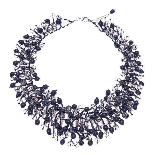 Alternate image for Clear Glass Beaded Waterfall Necklace with Black Pearls Rain of Mystery