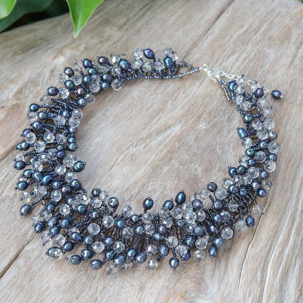 Alternate image for Clear Glass Beaded Waterfall Necklace with Black Pearls Rain of Mystery