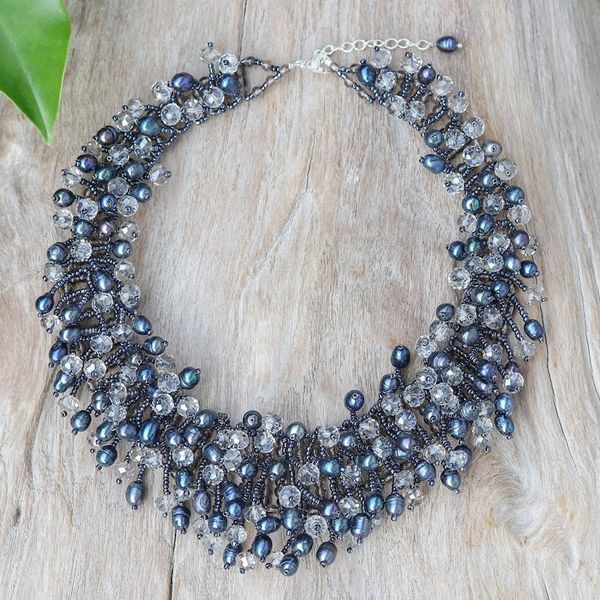 Alternate image for Clear Glass Beaded Waterfall Necklace with Black Pearls Rain of Mystery