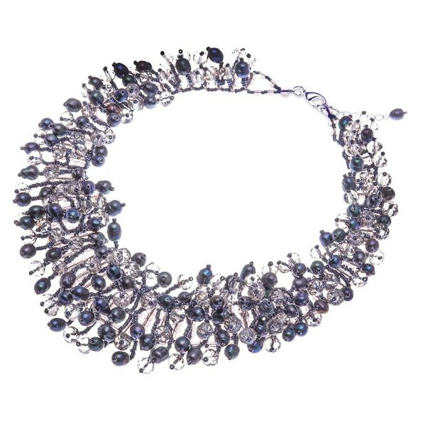 Alternate image for Clear Glass Beaded Waterfall Necklace with Black Pearls Rain of Mystery