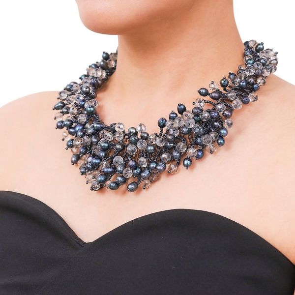 Alternate image for Clear Glass Beaded Waterfall Necklace with Black Pearls Rain of Mystery