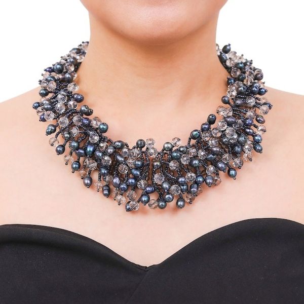 Alternate image for Clear Glass Beaded Waterfall Necklace with Black Pearls Rain of Mystery
