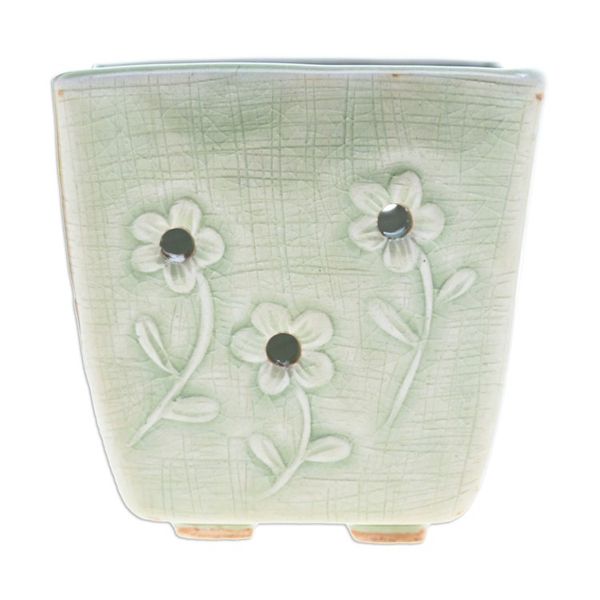 Alternate image for Celadon Ceramic Mini Planter with Floral Motif in Green Green Little Garden