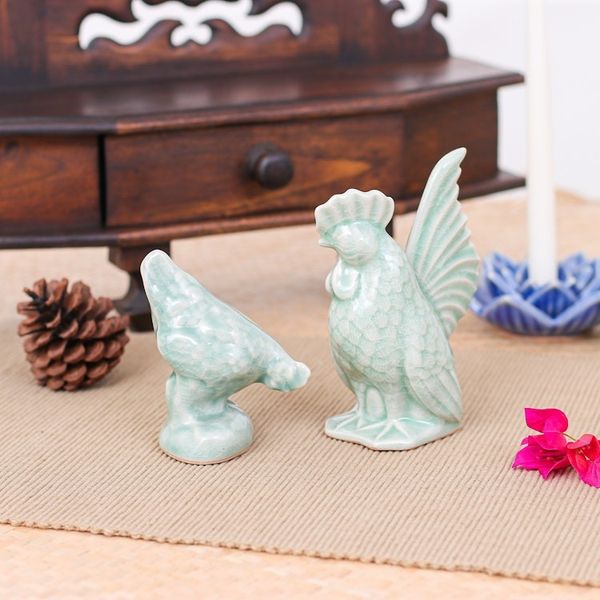 Image for 2 Handcrafted Green Celadon Ceramic Rooster Hen Figurines Japanese Rooster Hen