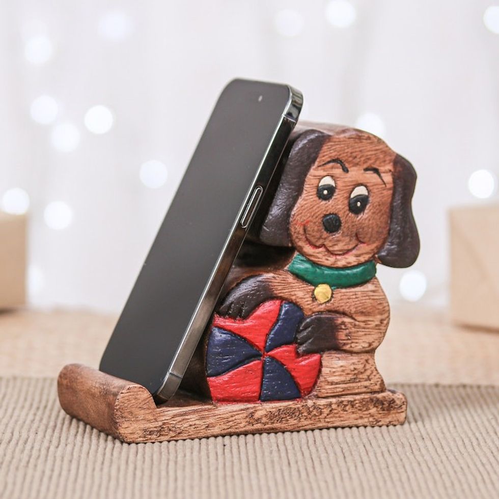 Dog-Themed Painted Hand-Carved Raintree Wood Phone Holder 'Canine Support'