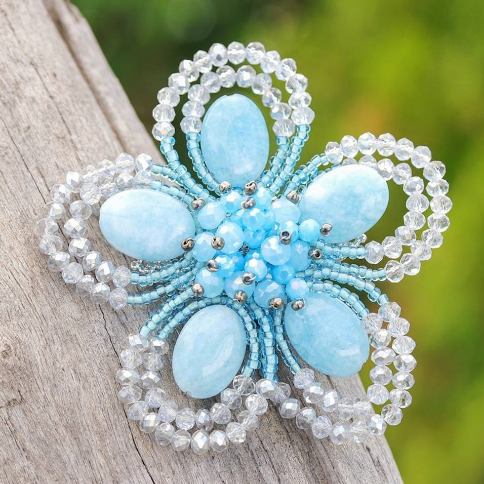 Handcrafted Floral Blue Quartz and Glass Beaded Brooch Pin 'Spring in Serenity'